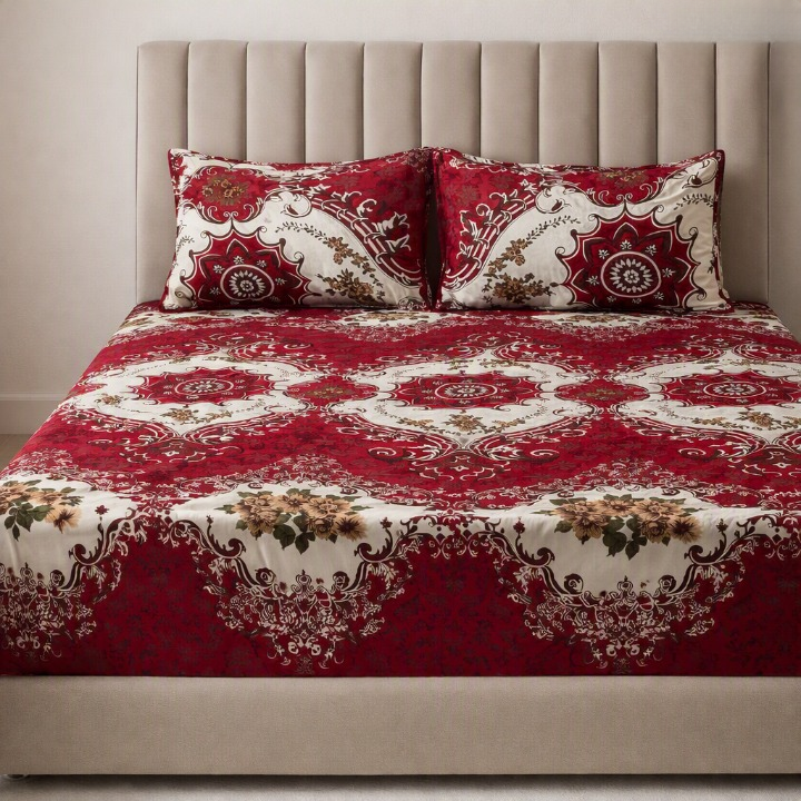 3D Crystal Cotton Bedsheet Set – Printed Double Bed Sheet with 2 Pipping Pillow Covers