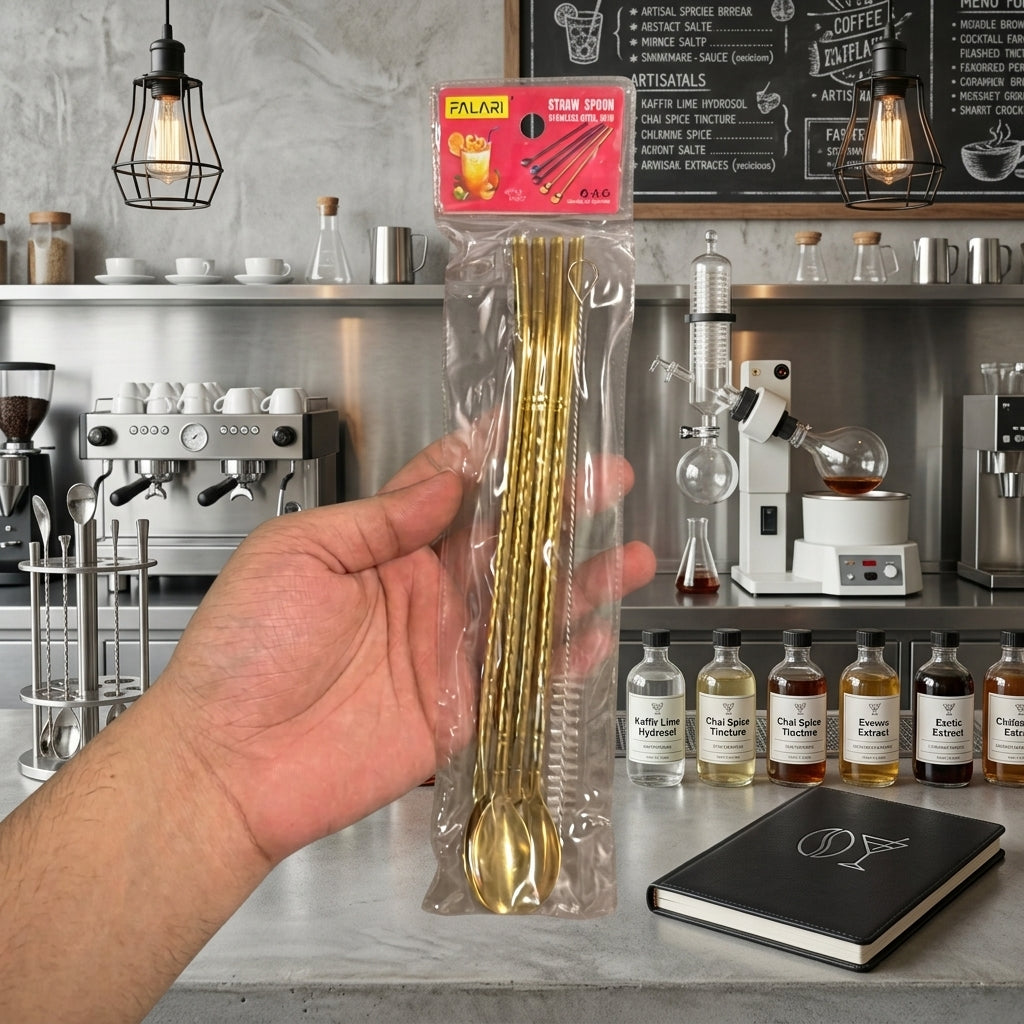 4 Pcs - Gold Straw Spoon Set With Cleaning Brush