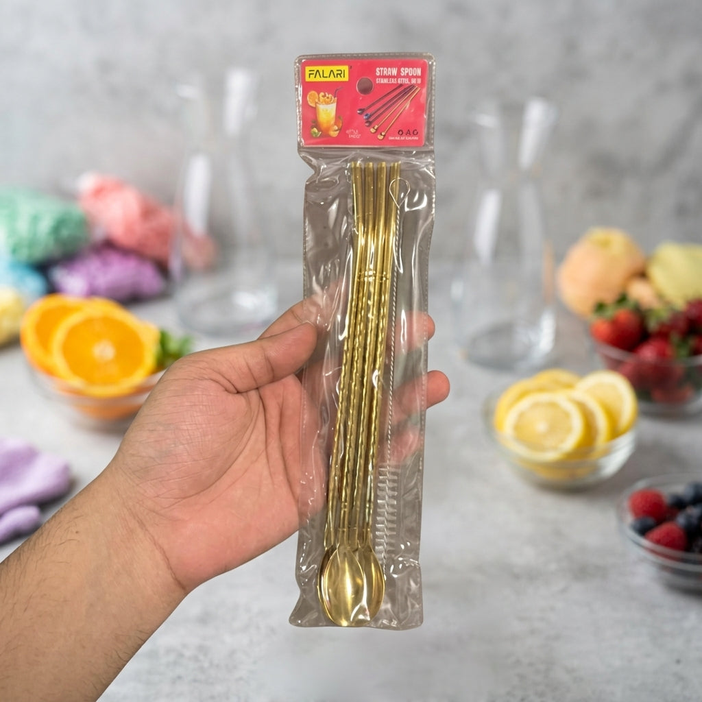 4 Pcs - Gold Straw Spoon Set With Cleaning Brush