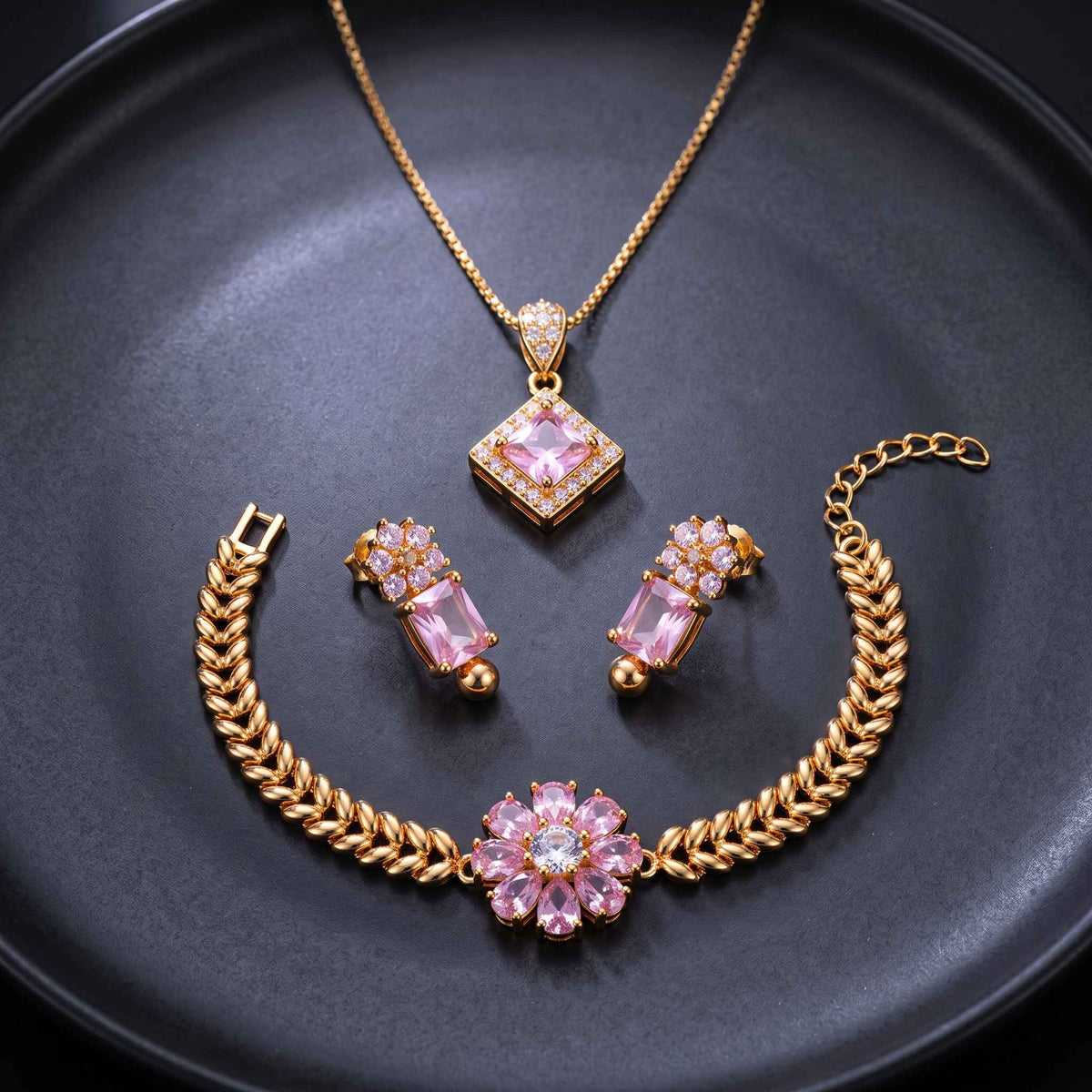 Latest Pink Crystal Gold Plated Jewelry Set Design