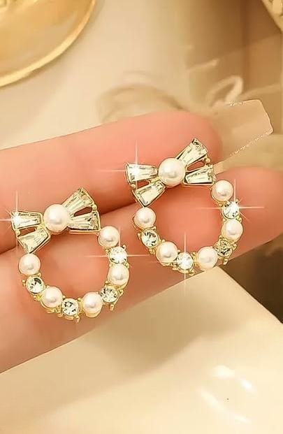 Pearl Bow Korean Zircon Earrings for Women Premium