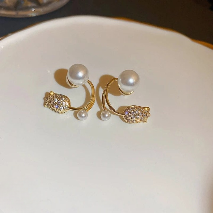 Pearl Zircon Korean Flower Earrings for Women Premium
