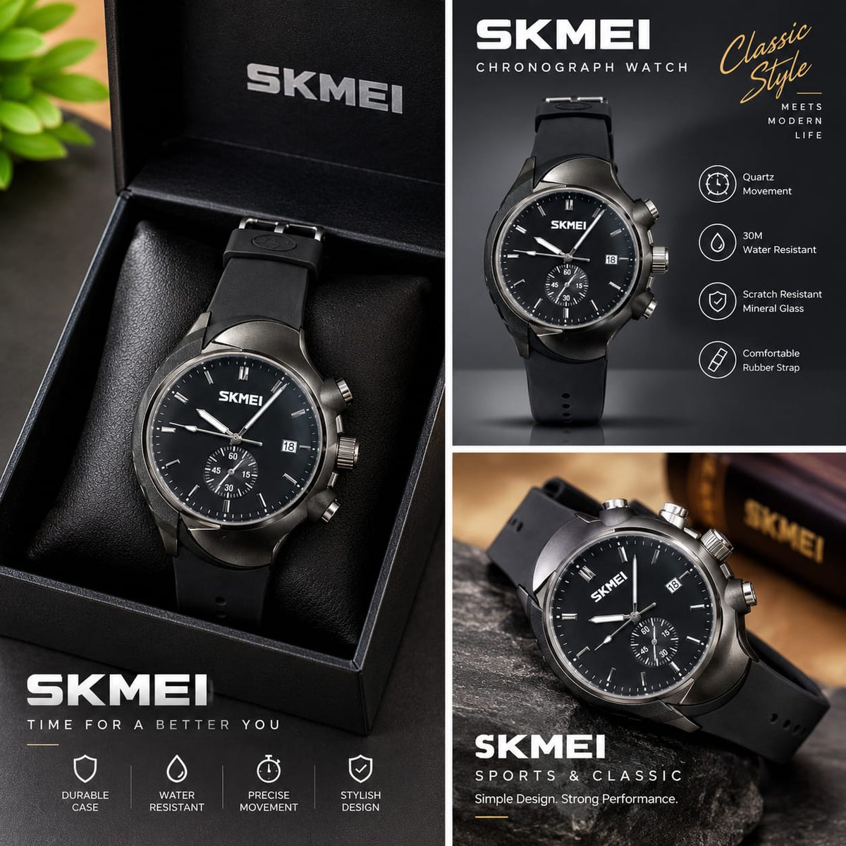 SKMEI Men’s Watch With Box– Stylish & Durable Waterproof Wristwatch