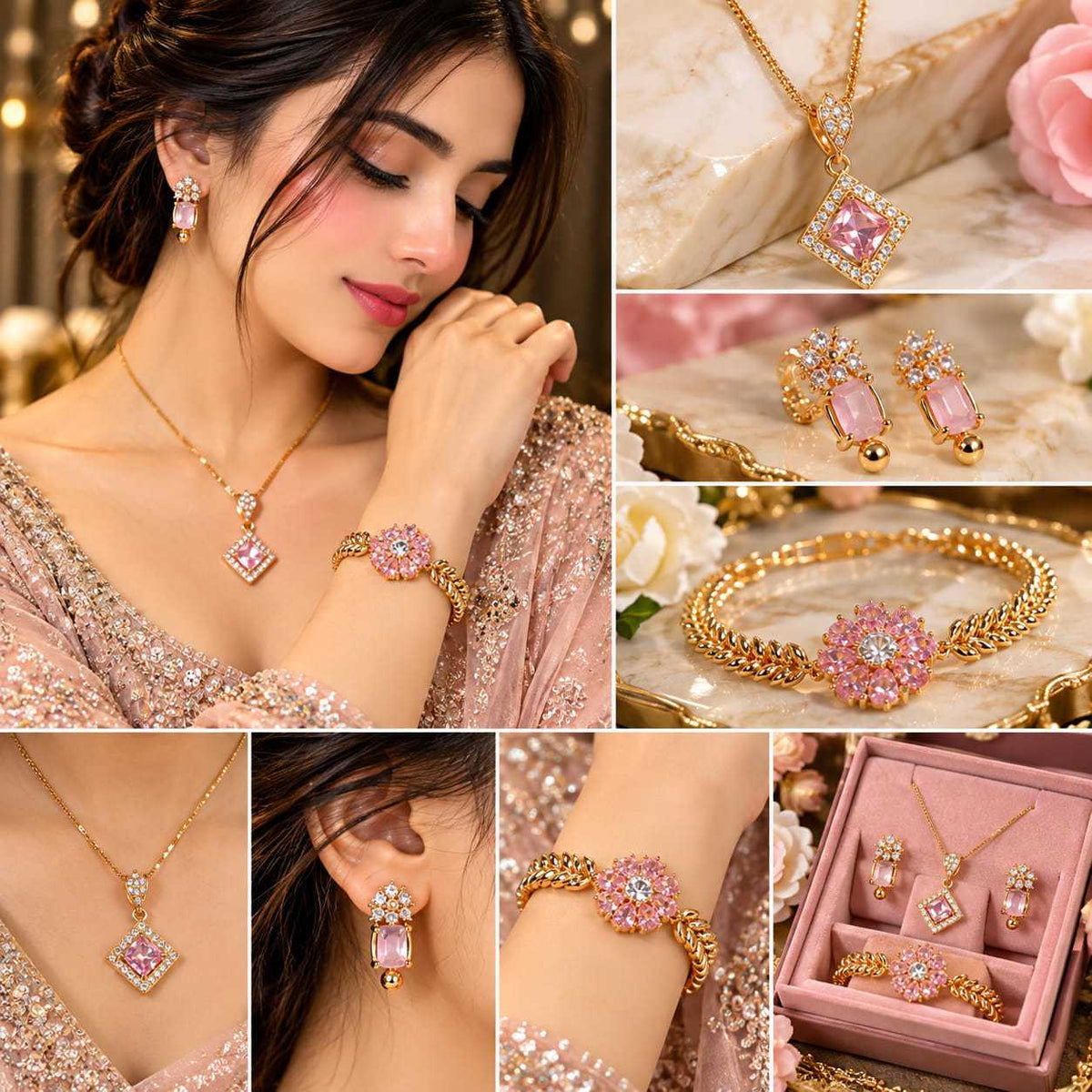 Latest Pink Crystal Gold Plated Jewelry Set Design