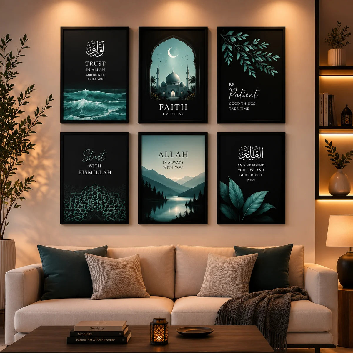 Set of 6 Islamic Art Sticky Wall Tiles – Motivational Quotes &amp; Modern Design (8x11)