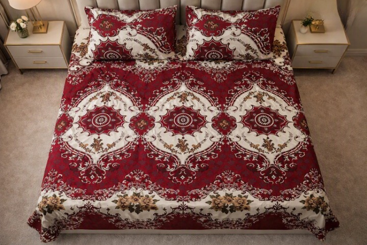3D Crystal Cotton  Bedsheet Set –  Printed Double Bed Sheet with 2 Pipping Pillow Covers