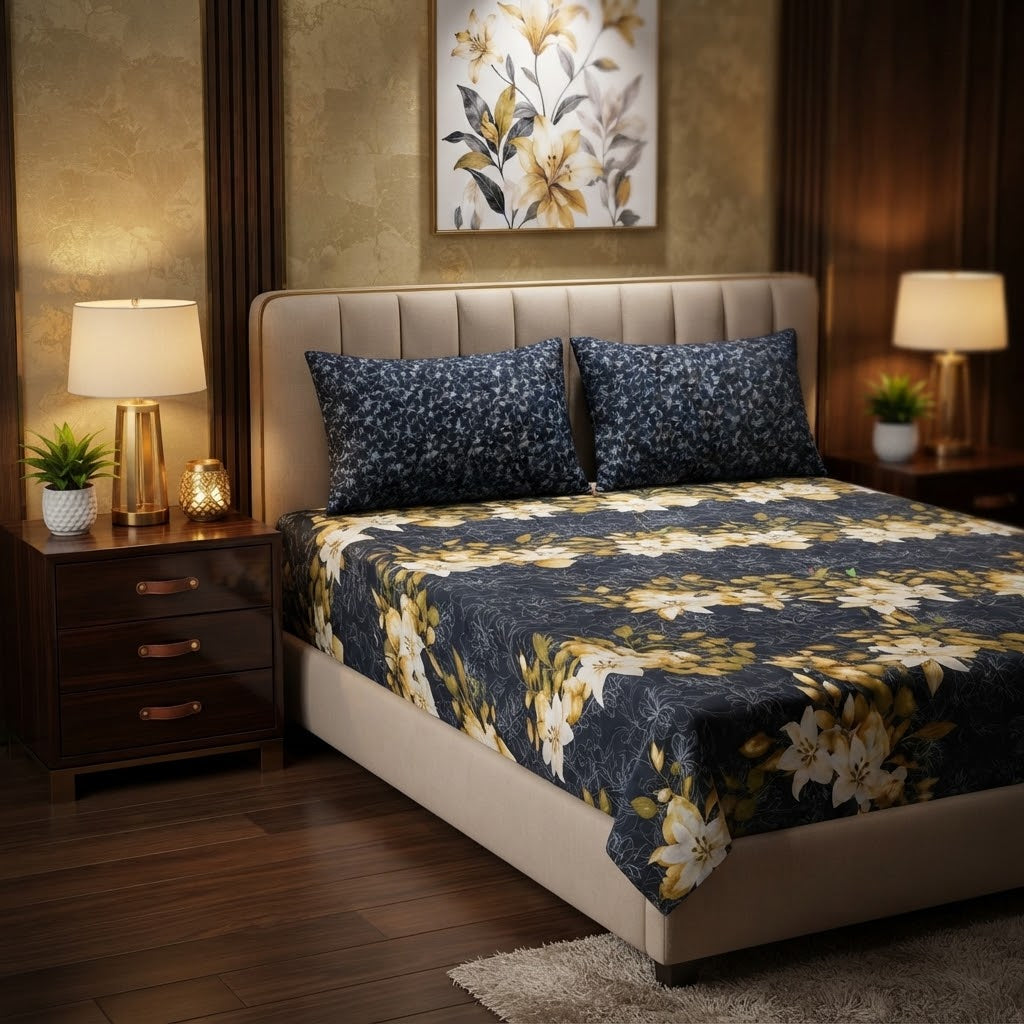 Gift Pack Bedsheet Cotton  Printed Set With King Size Sheet And 2 Pillow Covers