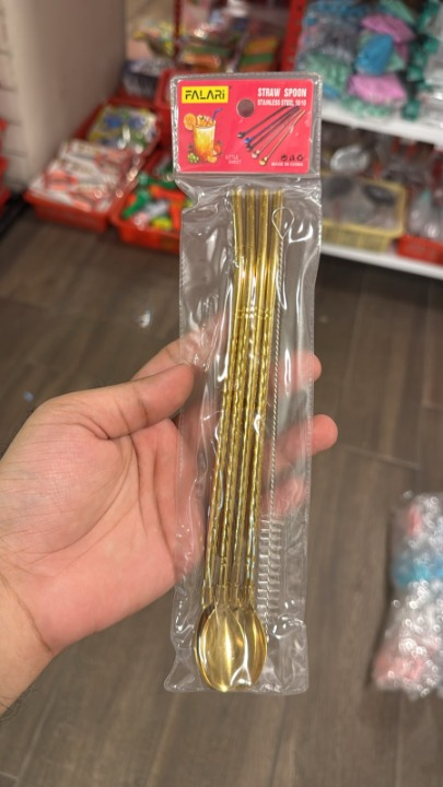 4 Pcs - Gold Straw Spoon Set With Cleaning Brush