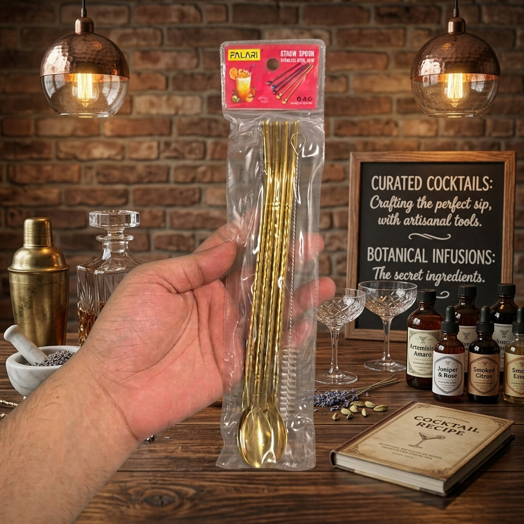 4 Pcs - Gold Straw Spoon Set With Cleaning Brush