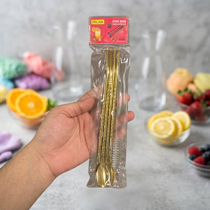 4 Pcs - Gold Straw Spoon Set With Cleaning Brush