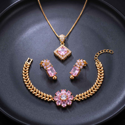 Latest Pink Crystal Gold Plated Jewelry Set Design