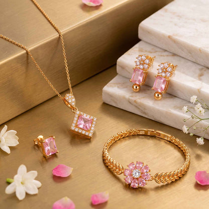 Latest Pink Crystal Gold Plated Jewelry Set Design