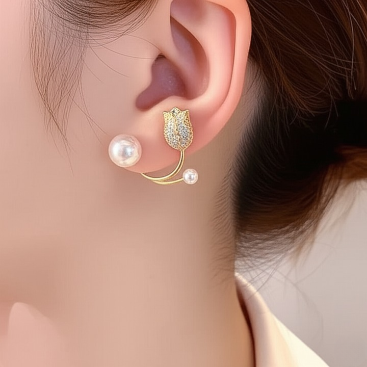 Pearl Zircon Korean Flower Earrings for Women Premium