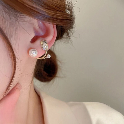 Pearl Zircon Korean Flower Earrings for Women Premium