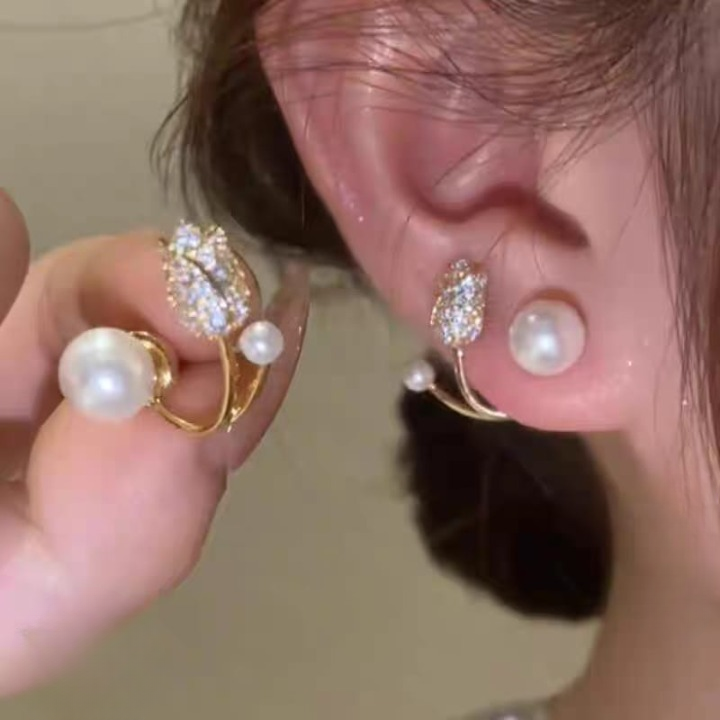 Pearl Zircon Korean Flower Earrings for Women Premium