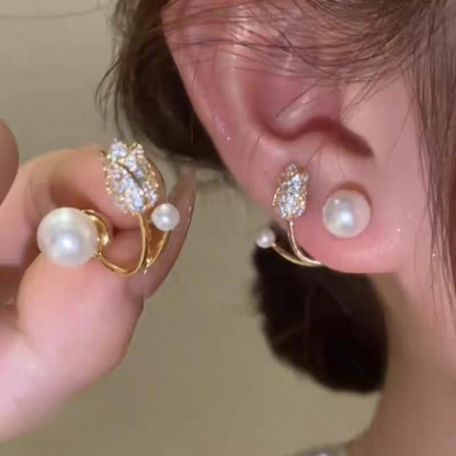 Pearl Zircon Korean Flower Earrings for Women Premium