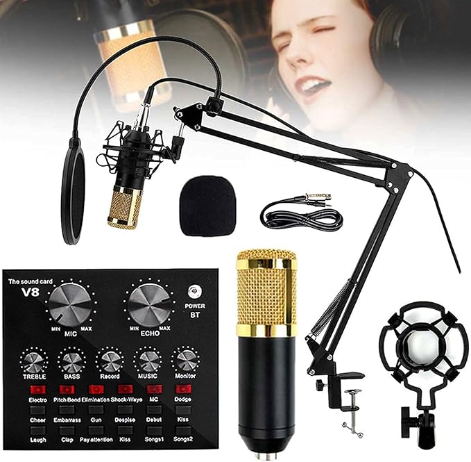 Premium V8 Pro Condenser Microphone Kit With Sound Card