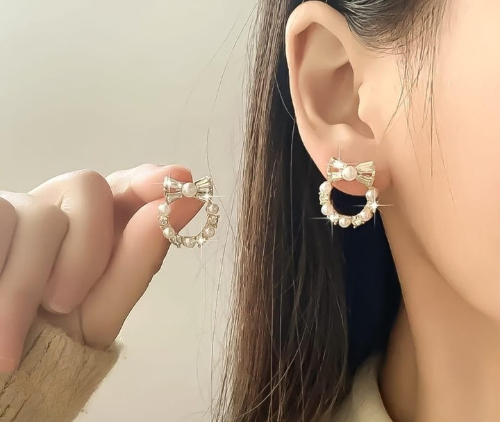 Pearl Bow Korean Zircon Earrings for Women  Premium