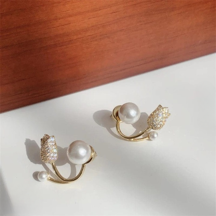 Pearl Zircon Korean Flower Earrings for Women Premium